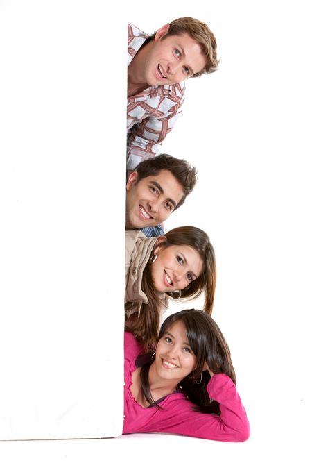 happy group of friends holding a banner ad on the floor