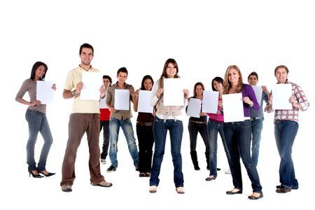 Group of  casual people isolated holding white cardboards to fill in