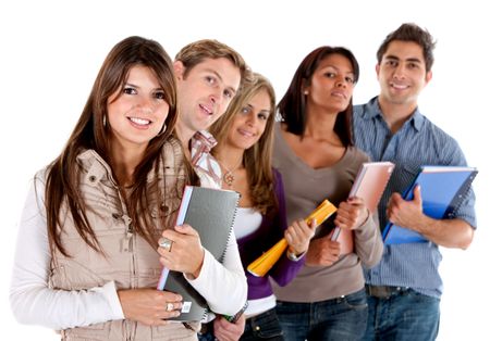 happy group of students with notebooks - isolated over a white background