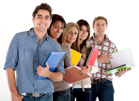 happy group of students with notebooks - isolated over a white background