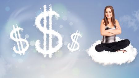 Pretty young woman sitting on cloud next to cloud dollar signs