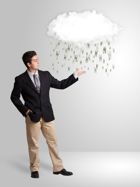 Man with white cloud and money rain concept
