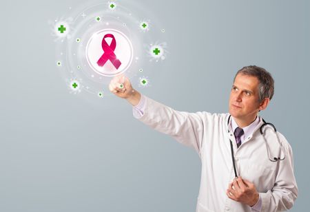 Middle aged doctor standing and pressing modern medical type of button