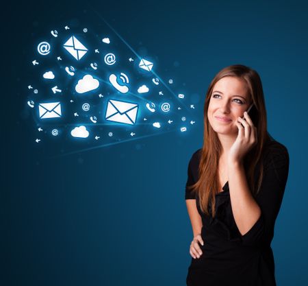 Young lady standing and making phone call with message icons