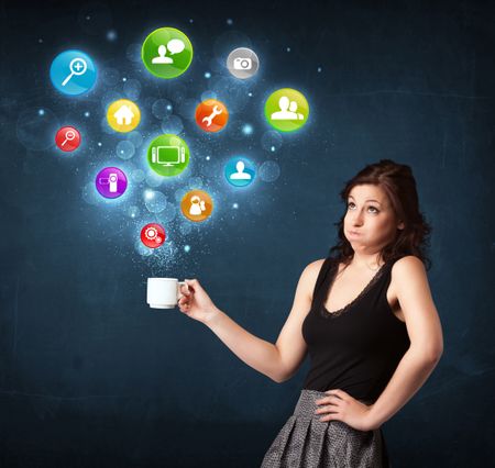 Businesswoman standing and holding a white cup with colorful setting icons coming out of the cup