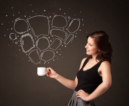Businesswoman standing and holding a white cup with drawn speech bubbles coming out of the cup