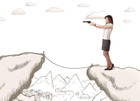 Businesswoman standing on the hand drawn edge of mountain 