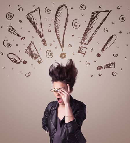 young-woman-hair-style-hand-drawn-243140848 Young woman with hair style and hand drawn exclamation signs concept on background