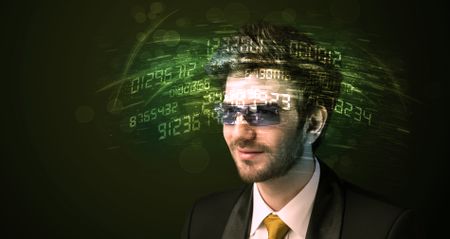 Business man looking at high tech number calculations concept