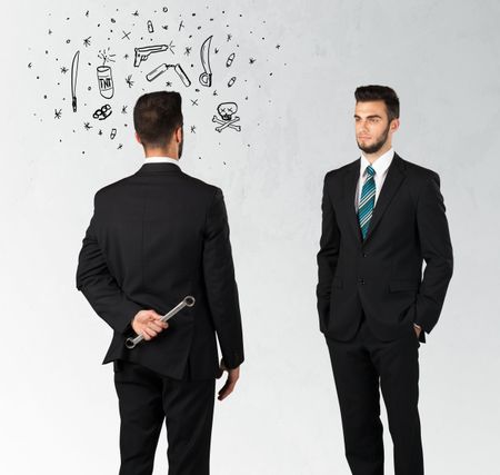 Ruthless businessman handshake with hiding a weapon and weapon symbols around his head