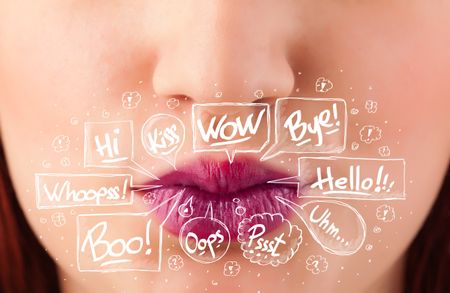 Beautiful red lips with white speech bubbles close up