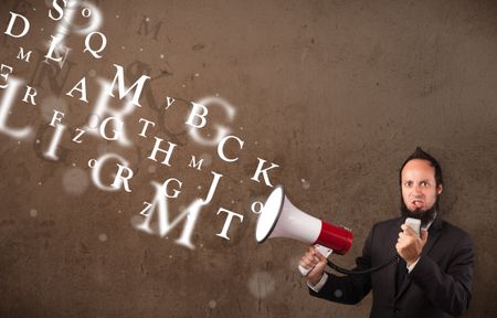 Man in shirt shouting into megaphone and abstract text come out