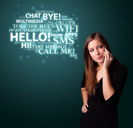 Pretty young girl calling by phone with word cloud