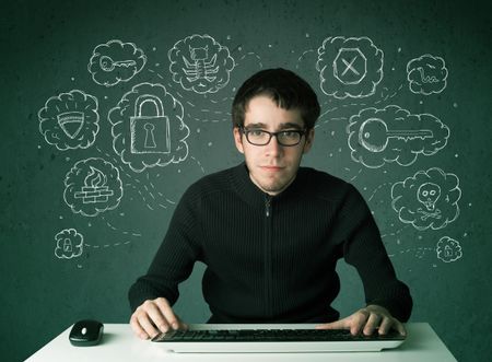 Young nerd hacker with virus and hacking thoughts on green background