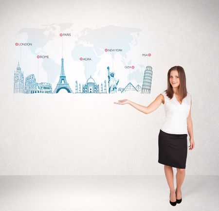 Business woman presenting map with famous cities and landmarks concept