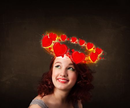 Pretty teenager with heart illustrations circleing around her head 