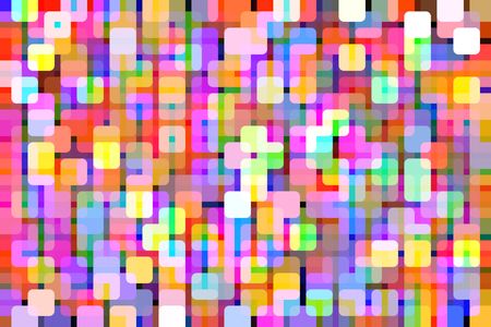 Patterned multicolored nocturnal abstract of rounded squares overlapping for 3-D effect, like so many city lights, for themes of repetition and multiplicity