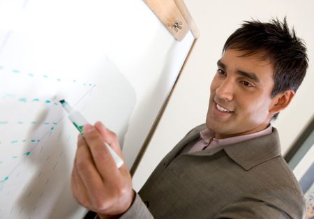 Businessman in an office showing the development of a company on a graph
