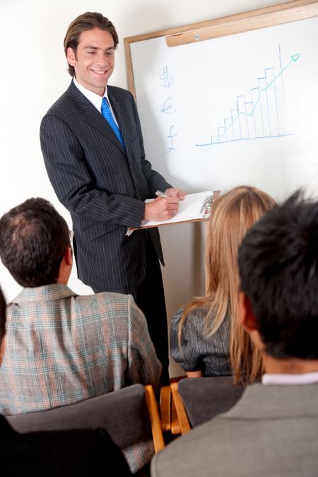 Man in a business meeting displaying the performance of a company