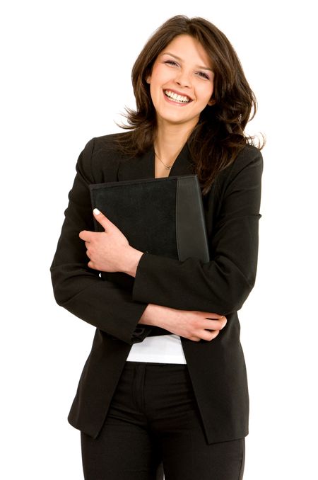 smiley business woman carrying a portfolio over a white background