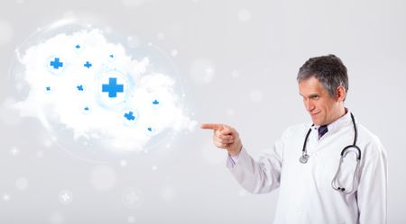 Professional doctor listening to abstract cloud with medical signs