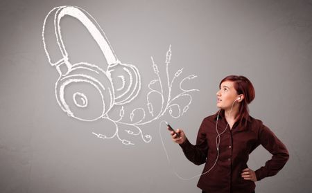 young woman singing and listening to music with abstract headphone getting out of her mouth