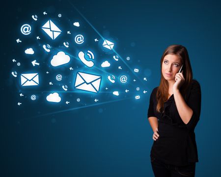 Young lady standing and making phone call with message icons