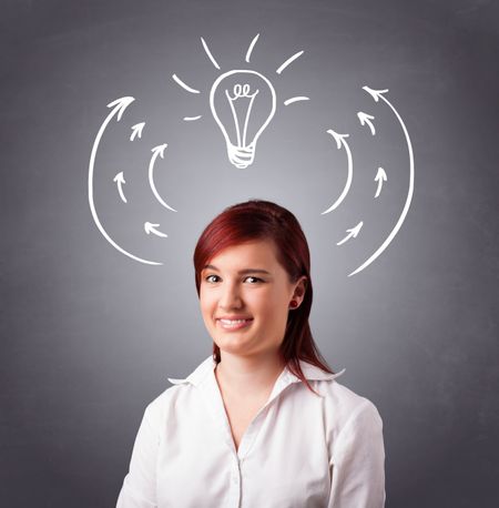 Pretty young lady standing and thinking with arrows and light bulb overhead