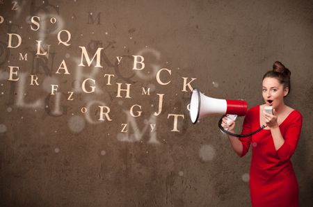 Young girl shouting into megaphone and abstract text come out