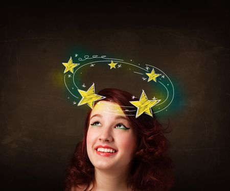 Young girl with yellow stars circleing around her head illustration