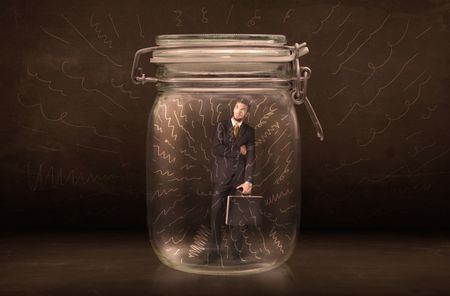 Businessman inside a jar with powerful hand drawn lines concept on bakcground