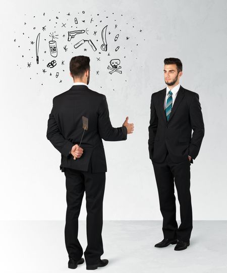 ruthless-businessman-handshake-hiding-weapon-weapon-245013109 Ruthless businessman handshake with hiding a weapon and weapon symbols around his head