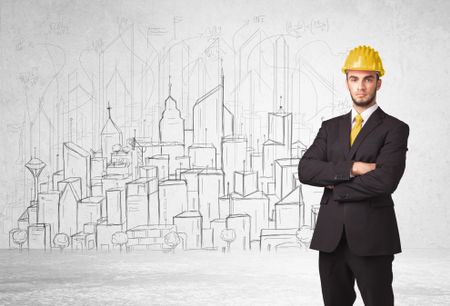 Construction worker with cityscape background drawing