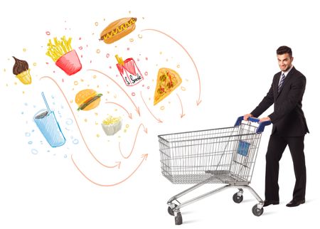 Businessman pushing a shopping cart and toxic junk food and cigarettes coming out of it