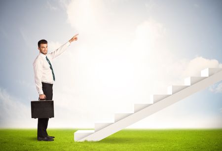 Business person climbing up on white staircase in nature background concept