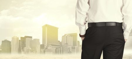 Businessman from the back in front of a city view with sunshine