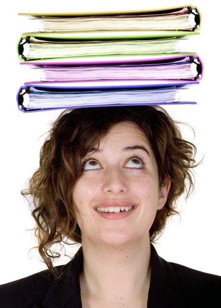 busy business woman with folders on her head