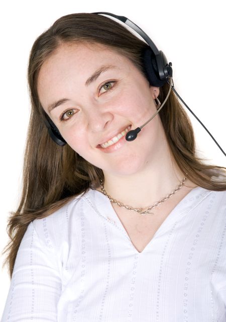 customer service woman smiling over a white background