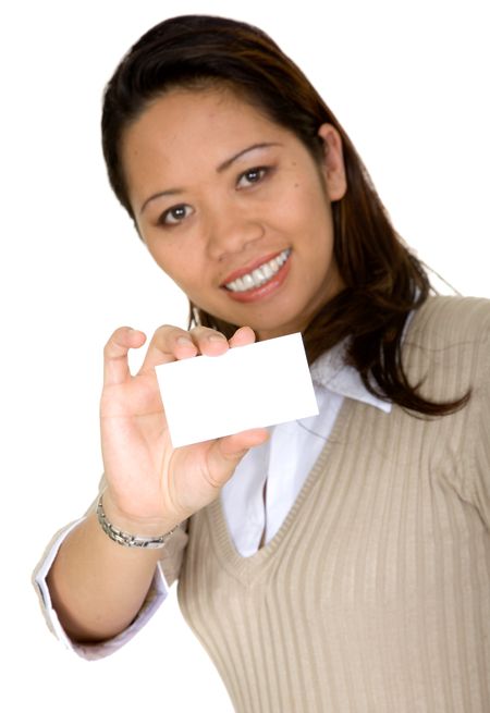 asian business woman showing business card over a white background