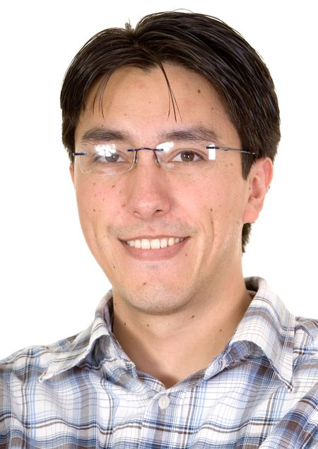 casual guy portrait smiling with glasses over a white background