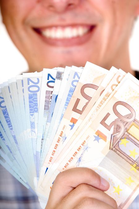 euro notes with big smile in the background - focus is on notes