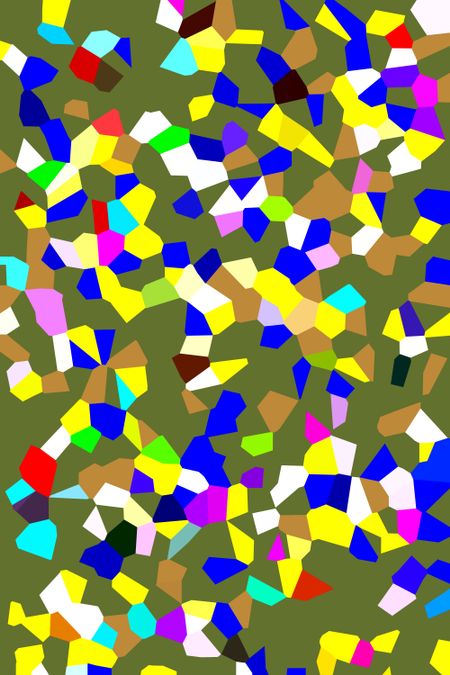 Festive parti-colored two-dimensional abstract of irregular polygons that seem to be falling in front of green background