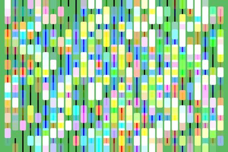Bright multicolored geometric abstract with rounded rectangles, connected by thin vertical bars, in columns, like part of a bead curtain, on light green background