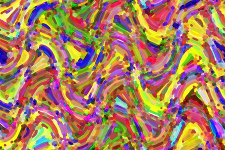 Psychedelic multicolored protean abstract of wavy streaks and clusters of dots, with tropical watercolor effect