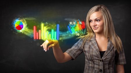 Businesswoman touching colorful modern graph system concept