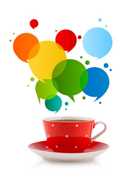 Coffee-mug with colorful abstract speech bubble, isolated on white