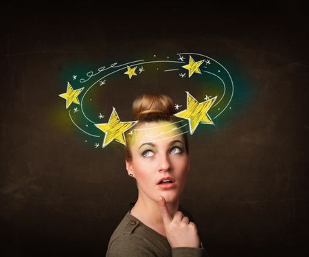 Young girl with yellow stars circleing around her head illustration