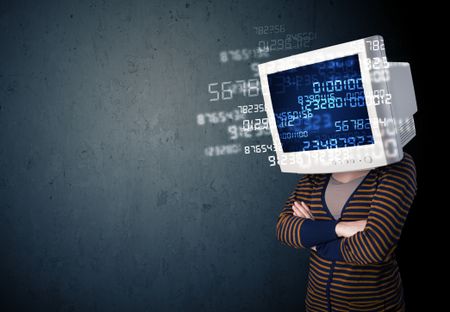 Human monitor pc calculating computer data on a blue screen