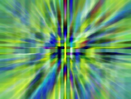 Parti-colored abstract illustration of wormhole with radial blur seen from starship accelerating at warp speed 2