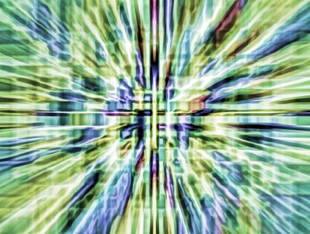 Abstract parti-colored illustration of wormhole with radial blur seen from starship accelerating at warp speed 4